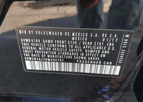 2017 Volkswagen Jetta 1.4T S from USA, damaged, VIN 3VW2B7AJ7HM304757